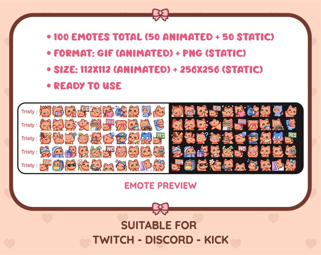 Orange Tabby Cat animated Twitch emote mega pack preview displaying all 50 emotes with format and size information.