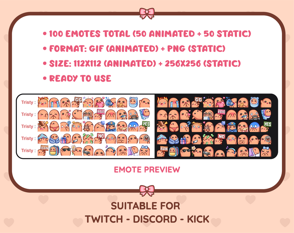 Potato animated Twitch emote mega pack preview displaying all 50 emotes with format and size information.