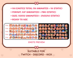 Potato animated Twitch emote mega pack preview displaying all 50 emotes with format and size information.