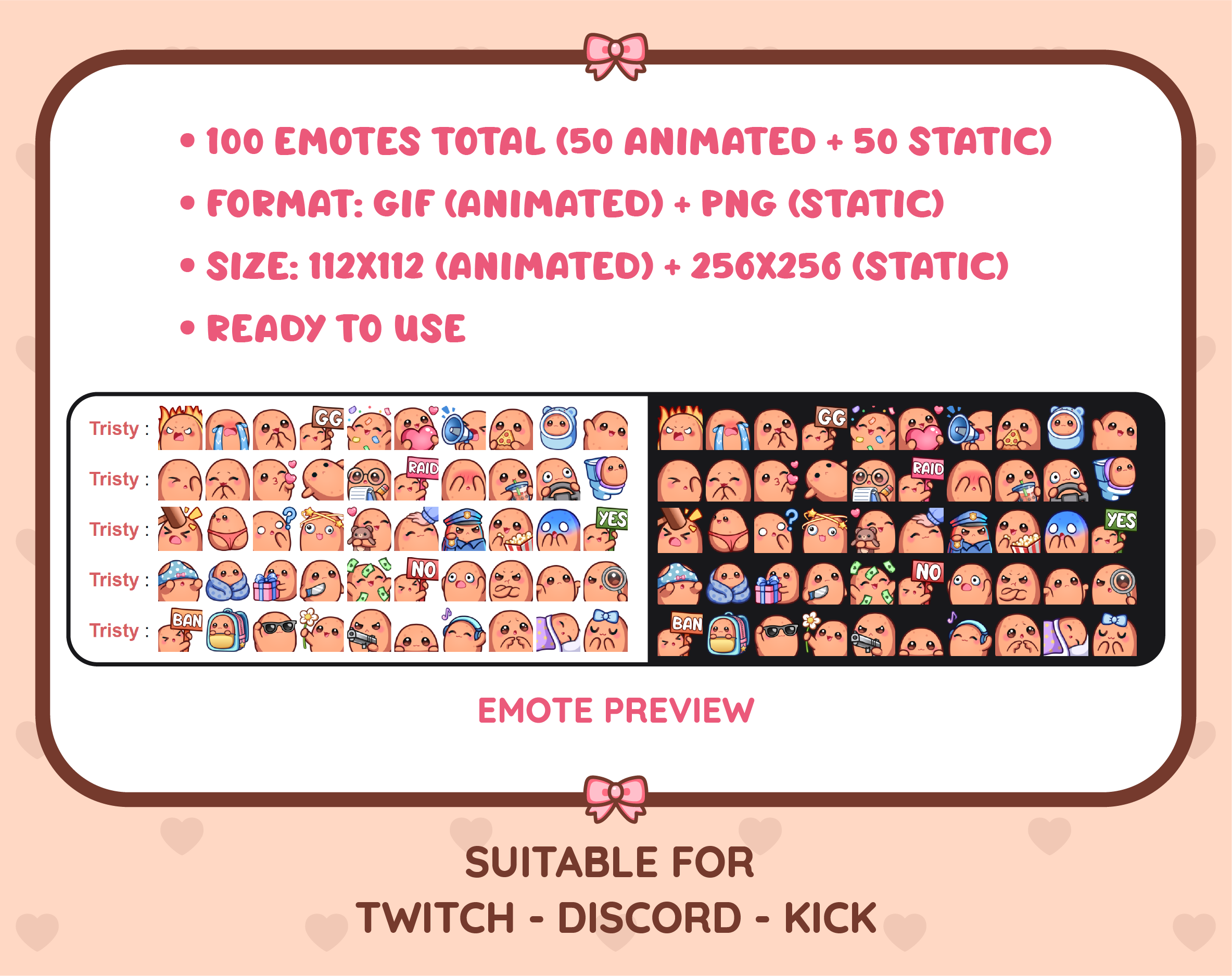 Potato animated Twitch emote mega pack preview displaying all 50 emotes with format and size information.