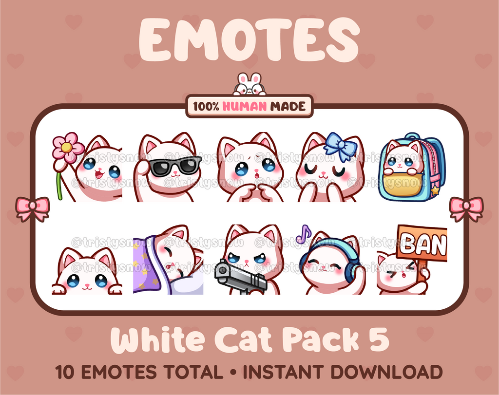 White Cat Twitch emote pack featuring 10 emotes including flower, cool, plead, and lurk.