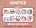 White Cat Twitch emote pack featuring 10 emotes including flower, cool, plead, and lurk.
