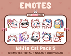 White Cat Twitch emote pack featuring 10 emotes including flower, cool, plead, and lurk.
