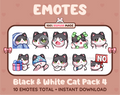 Black & White Cat Twitch emote pack featuring 10 emotes including cozy, sus, panic, and shrug.