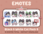 Black & White Cat Twitch emote pack featuring 10 emotes including cozy, sus, panic, and shrug.