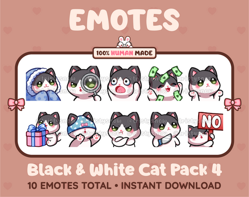 Black & White Cat Twitch emote pack featuring 10 emotes including cozy, sus, panic, and shrug.