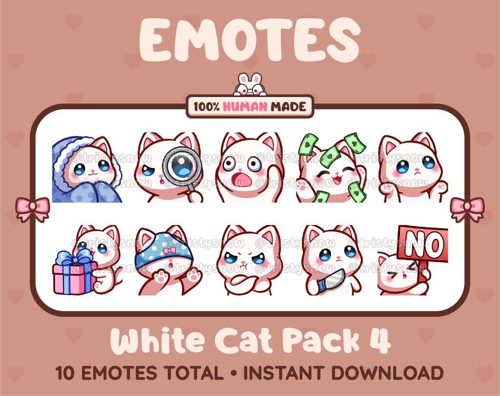 White Cat Twitch emote pack featuring 10 emotes including cozy, sus, panic, and shrug.