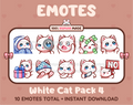 White Cat Twitch emote pack featuring 10 emotes including cozy, sus, panic, and shrug.