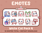 White Cat Twitch emote pack featuring 10 emotes including cozy, sus, panic, and shrug.