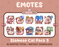 Siamese Cat Twitch emote pack featuring 10 emotes including hug, scared, bonk, and popcorn.