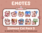 Siamese Cat Twitch emote pack featuring 10 emotes including hug, scared, bonk, and popcorn.