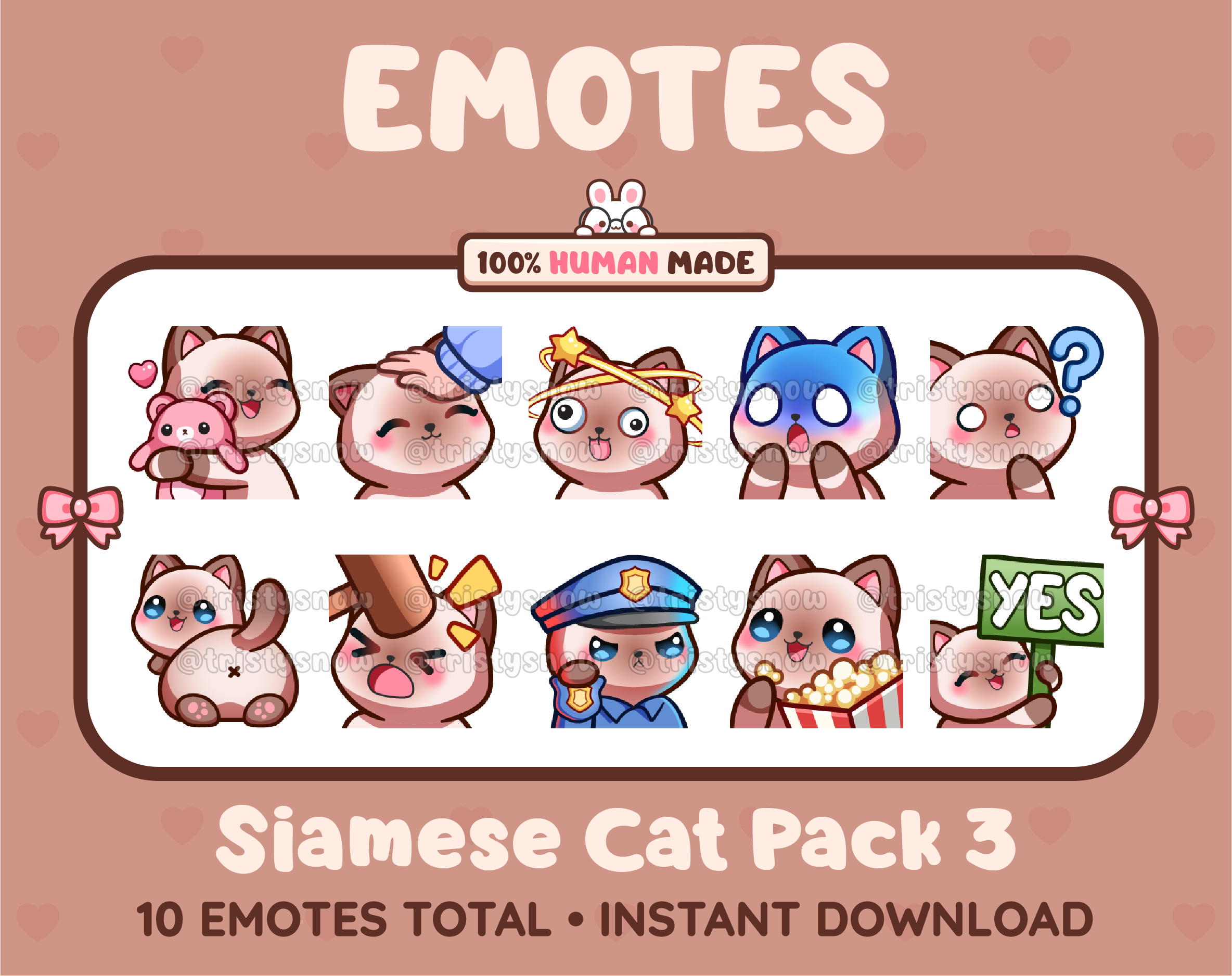 Siamese Cat Twitch emote pack featuring 10 emotes including hug, scared, bonk, and popcorn.