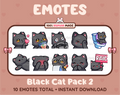 Black Cat Twitch emote pack featuring 10 emotes including kiss, facepalm, shy, and raid.