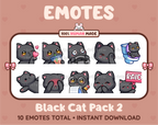 Black Cat Twitch emote pack featuring 10 emotes including kiss, facepalm, shy, and raid.