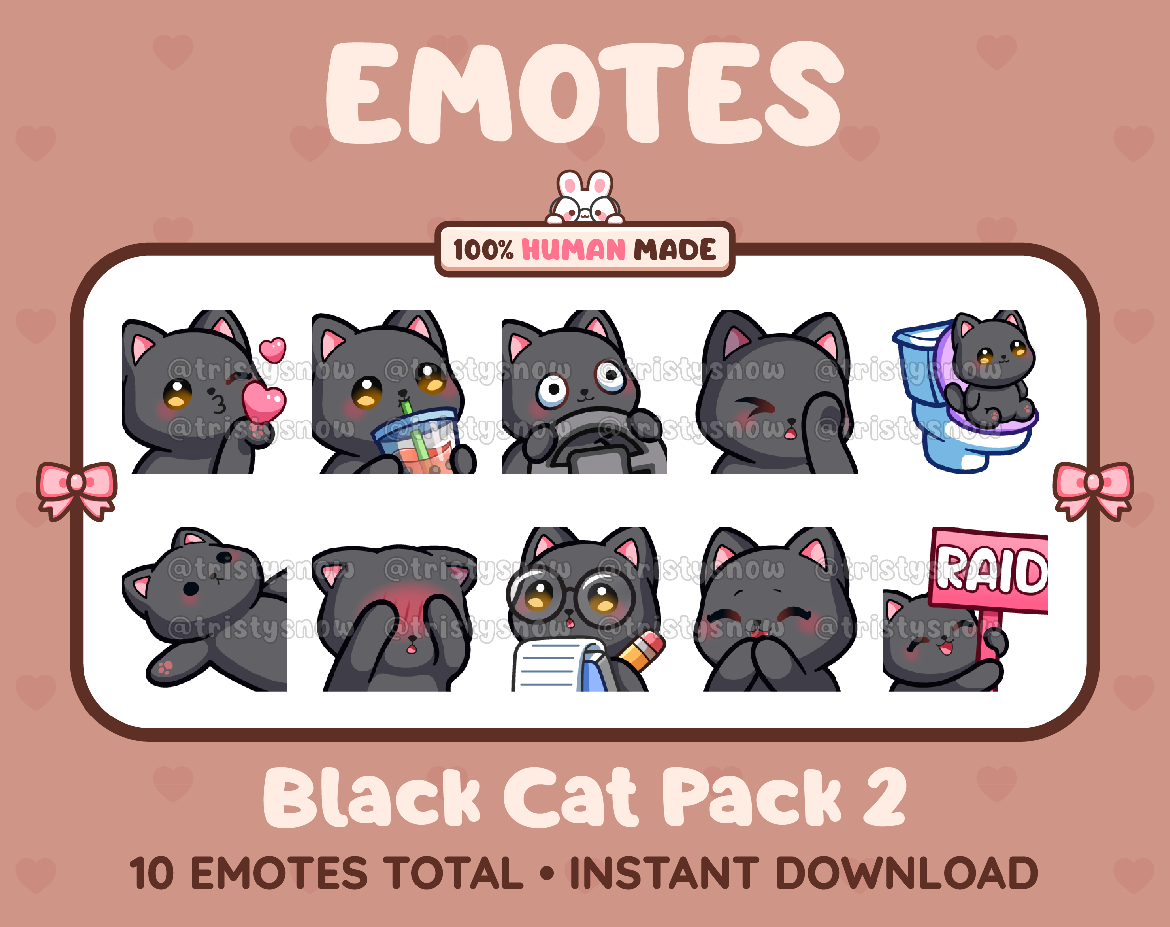Black Cat Twitch emote pack featuring 10 emotes including kiss, facepalm, shy, and raid.