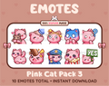 Pink Cat Twitch emote pack featuring 10 emotes including hug, scared, bonk, and popcorn.
