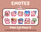 Pink Cat Twitch emote pack featuring 10 emotes including hug, scared, bonk, and popcorn.