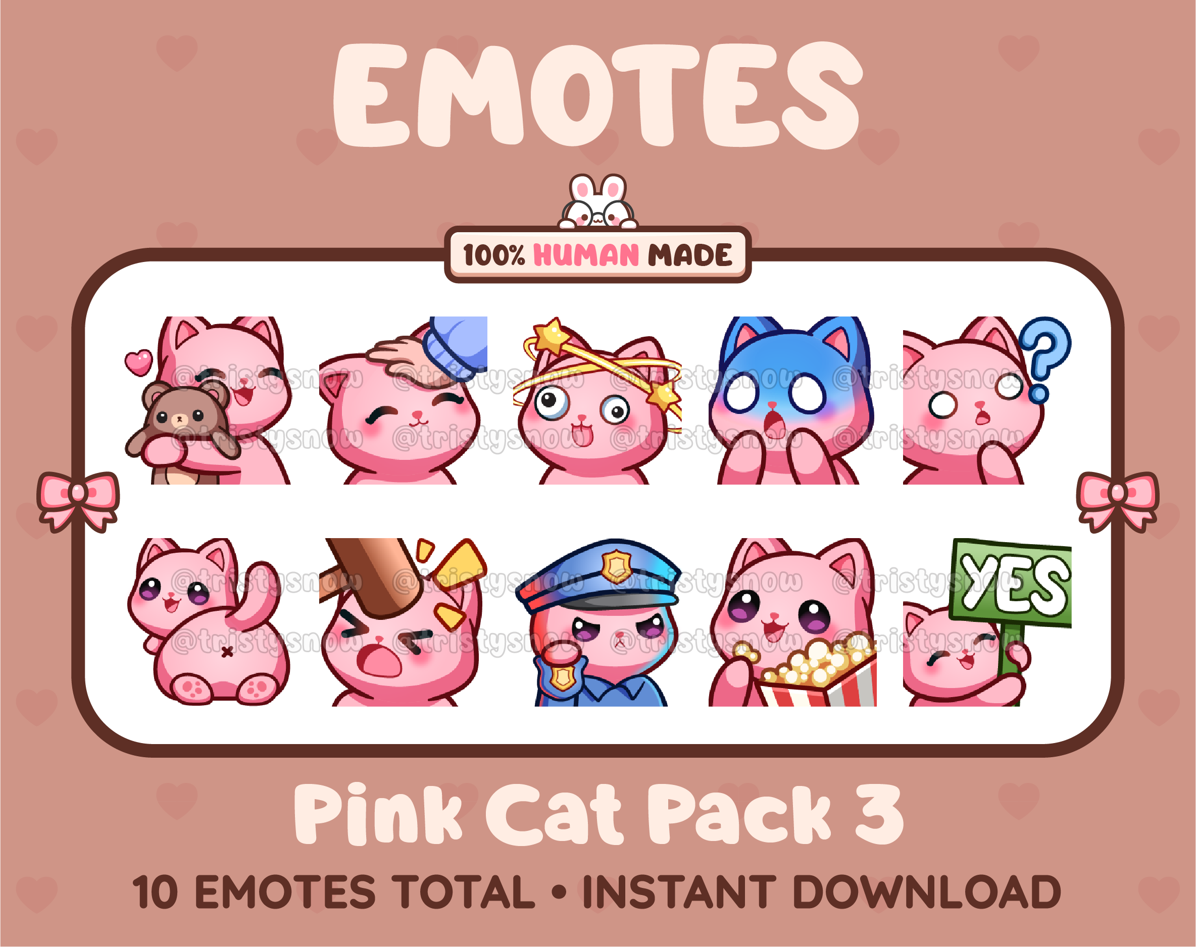Pink Cat Twitch emote pack featuring 10 emotes including hug, scared, bonk, and popcorn.