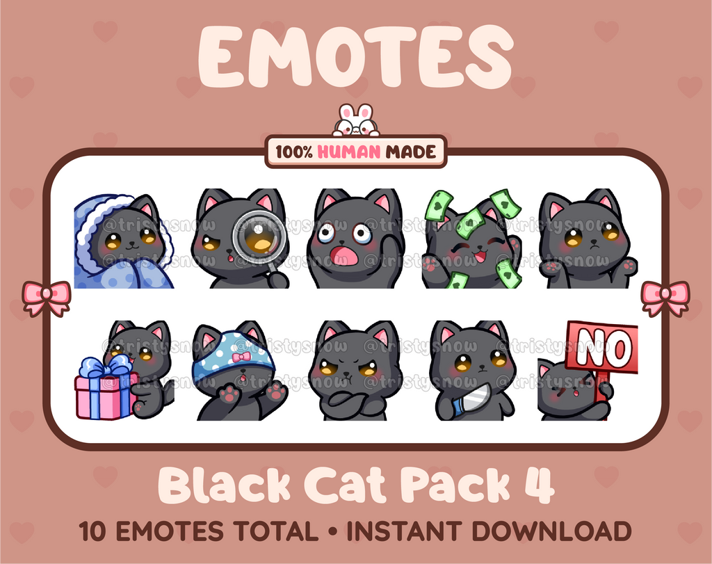 Black Cat Twitch emote pack featuring 10 emotes including cozy, sus, panic, and shrug.
