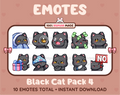 Black Cat Twitch emote pack featuring 10 emotes including cozy, sus, panic, and shrug.