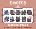Black Cat Twitch emote pack featuring 10 emotes including cozy, sus, panic, and shrug.
