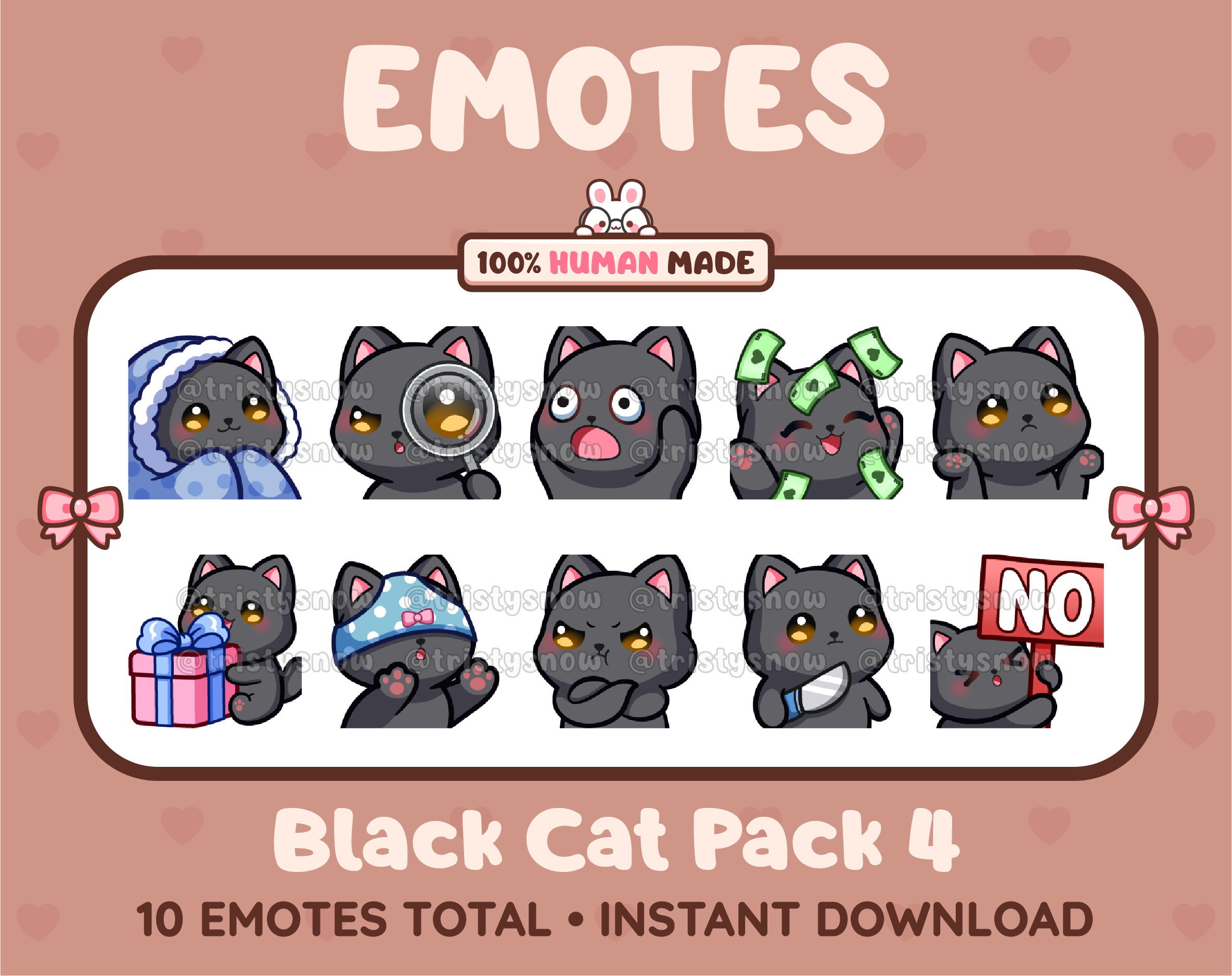 Black Cat Twitch emote pack featuring 10 emotes including cozy, sus, panic, and shrug.
