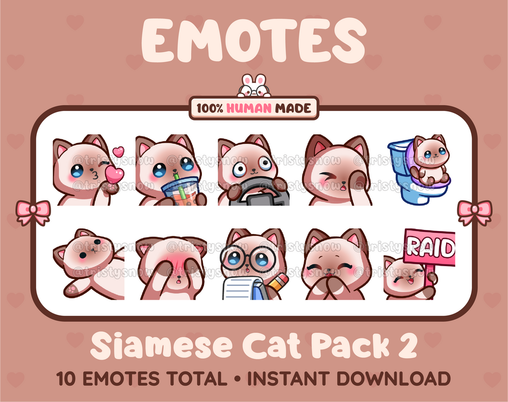 Siamese Cat Twitch emote pack featuring 10 emotes including kiss, facepalm, shy, and raid.