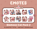 Siamese Cat Twitch emote pack featuring 10 emotes including kiss, facepalm, shy, and raid.