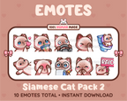 Siamese Cat Twitch emote pack featuring 10 emotes including kiss, facepalm, shy, and raid.