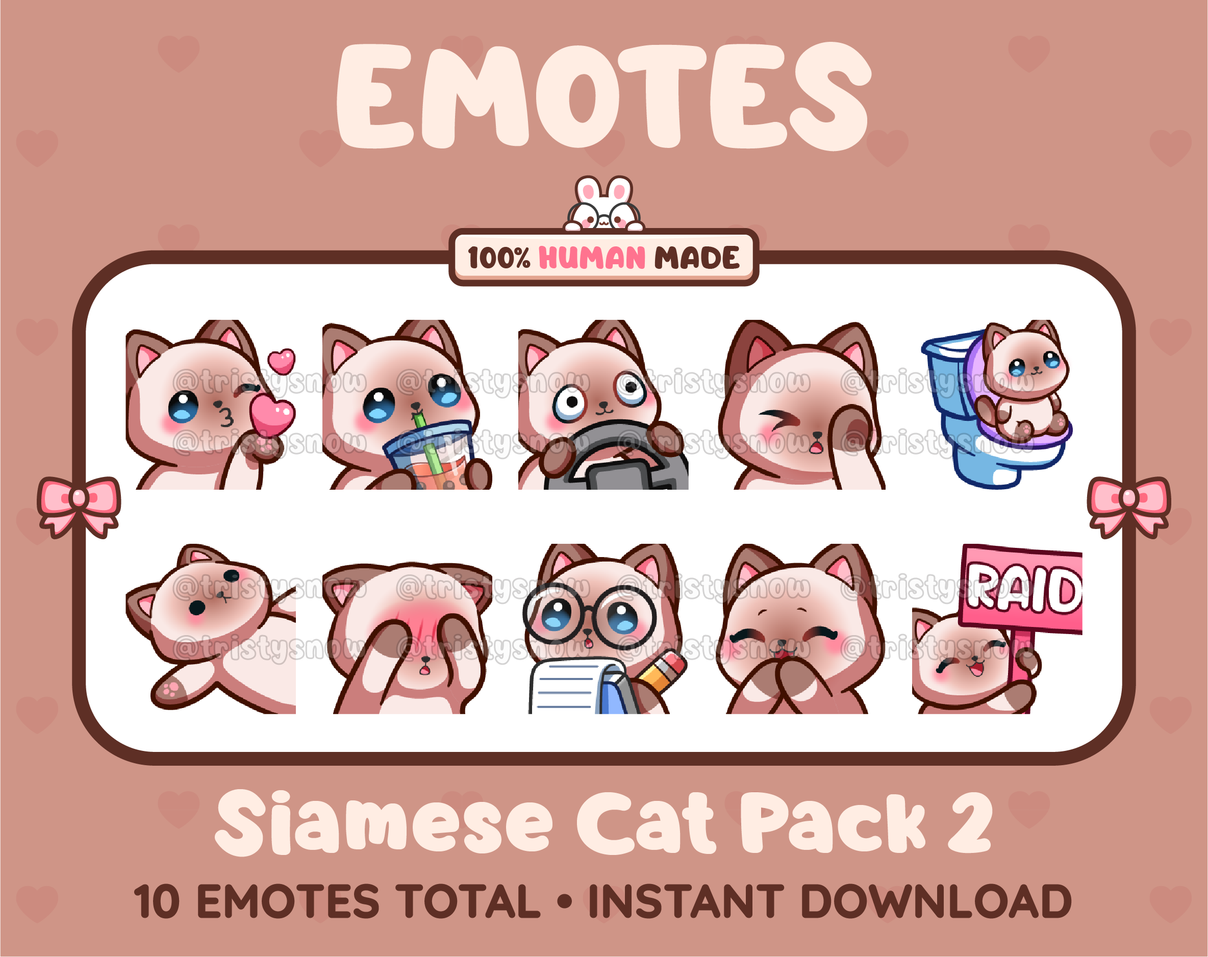Siamese Cat Twitch emote pack featuring 10 emotes including kiss, facepalm, shy, and raid.