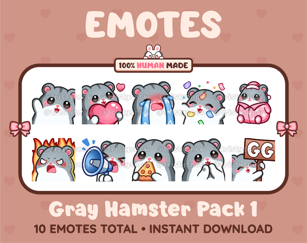 Gray Hamster Twitch emote pack featuring 10 emotes including GG, angry, cry, and hype.