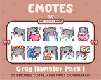 Gray Hamster Twitch emote pack featuring 10 emotes including GG, angry, cry, and hype.