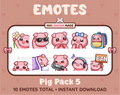 Pig Twitch emote pack featuring 10 emotes including flower, cool, plead, and lurk.