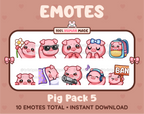 Pig Twitch emote pack featuring 10 emotes including flower, cool, plead, and lurk.