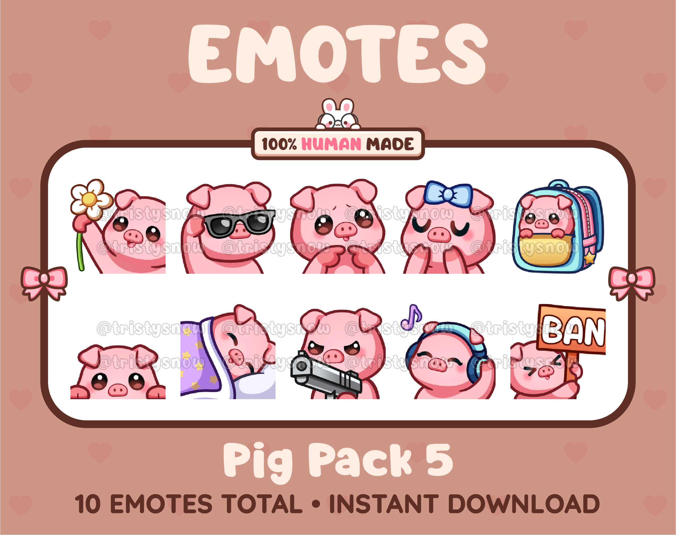 Pig Twitch emote pack featuring 10 emotes including flower, cool, plead, and lurk.