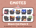 Black Cat Twitch emote pack featuring 10 emotes including hug, scared, bonk, and popcorn.