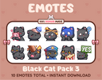Black Cat Twitch emote pack featuring 10 emotes including hug, scared, bonk, and popcorn.
