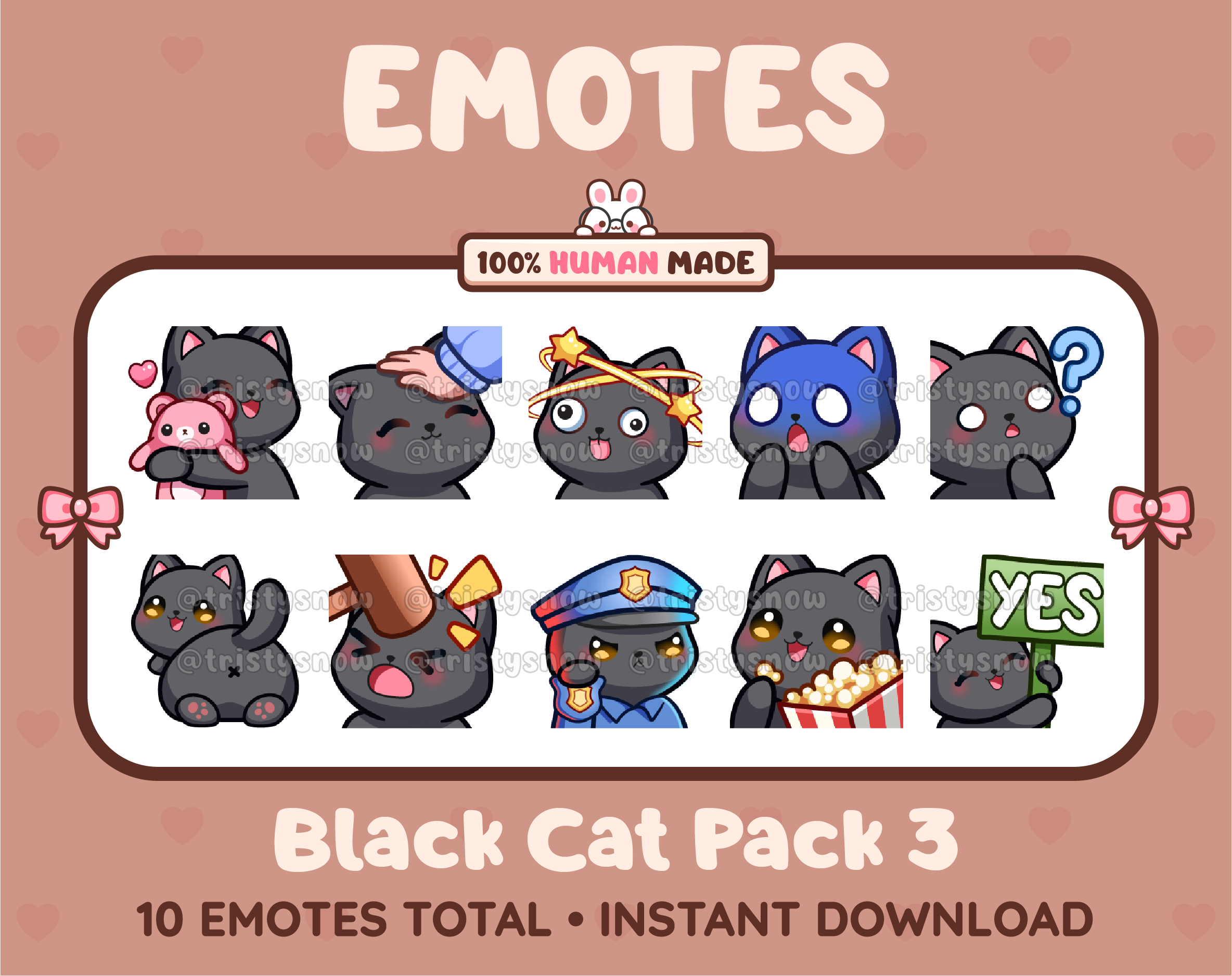 Black Cat Twitch emote pack featuring 10 emotes including hug, scared, bonk, and popcorn.