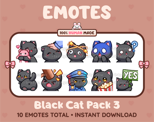 Black Cat Twitch emote pack featuring 10 emotes including hug, scared, bonk, and popcorn.