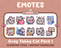 Gray Tabby Cat Twitch emote pack featuring 10 emotes including GG, angry, cry, and hype.