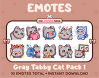 Gray Tabby Cat Twitch emote pack featuring 10 emotes including GG, angry, cry, and hype.