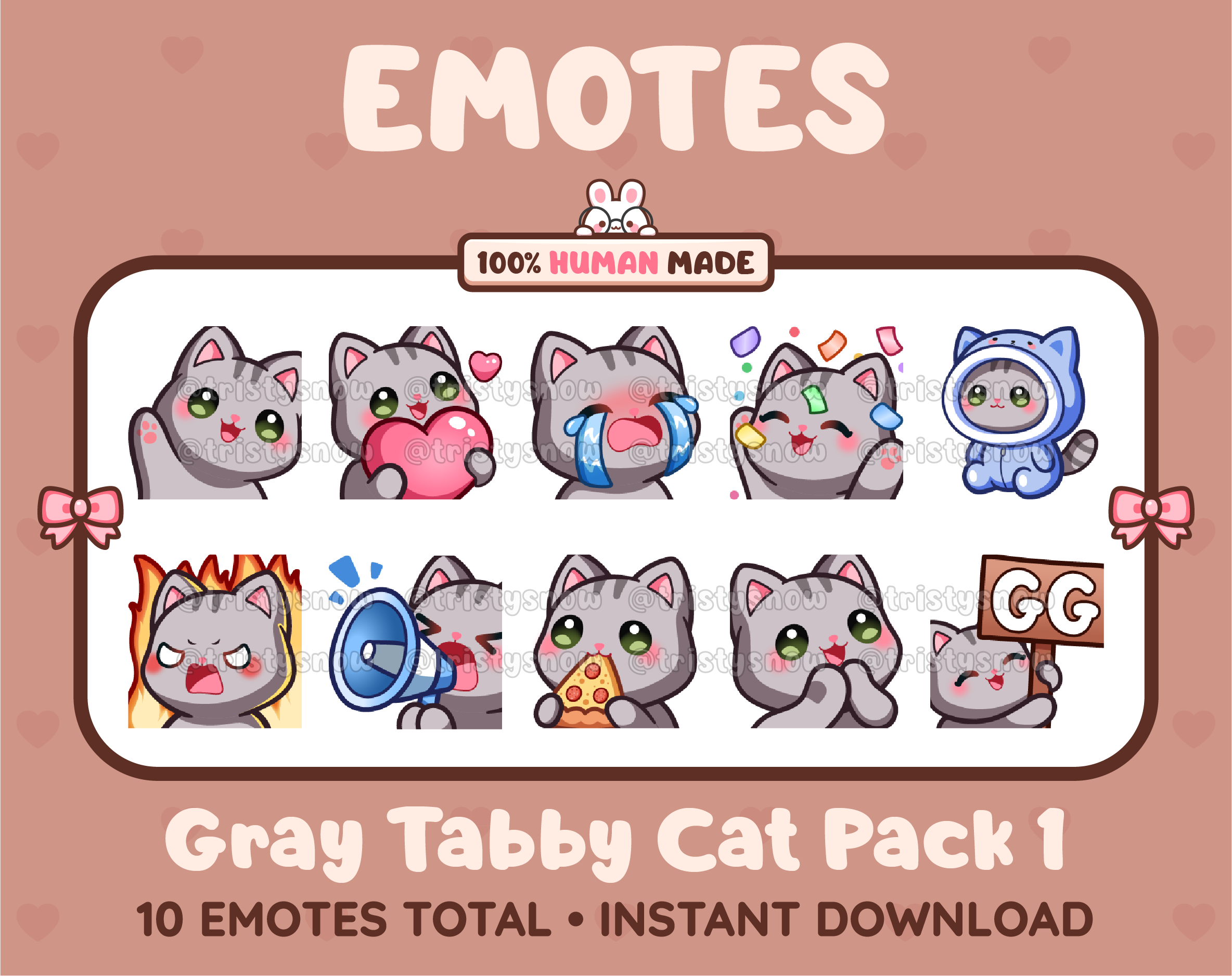 Gray Tabby Cat Twitch emote pack featuring 10 emotes including GG, angry, cry, and hype.