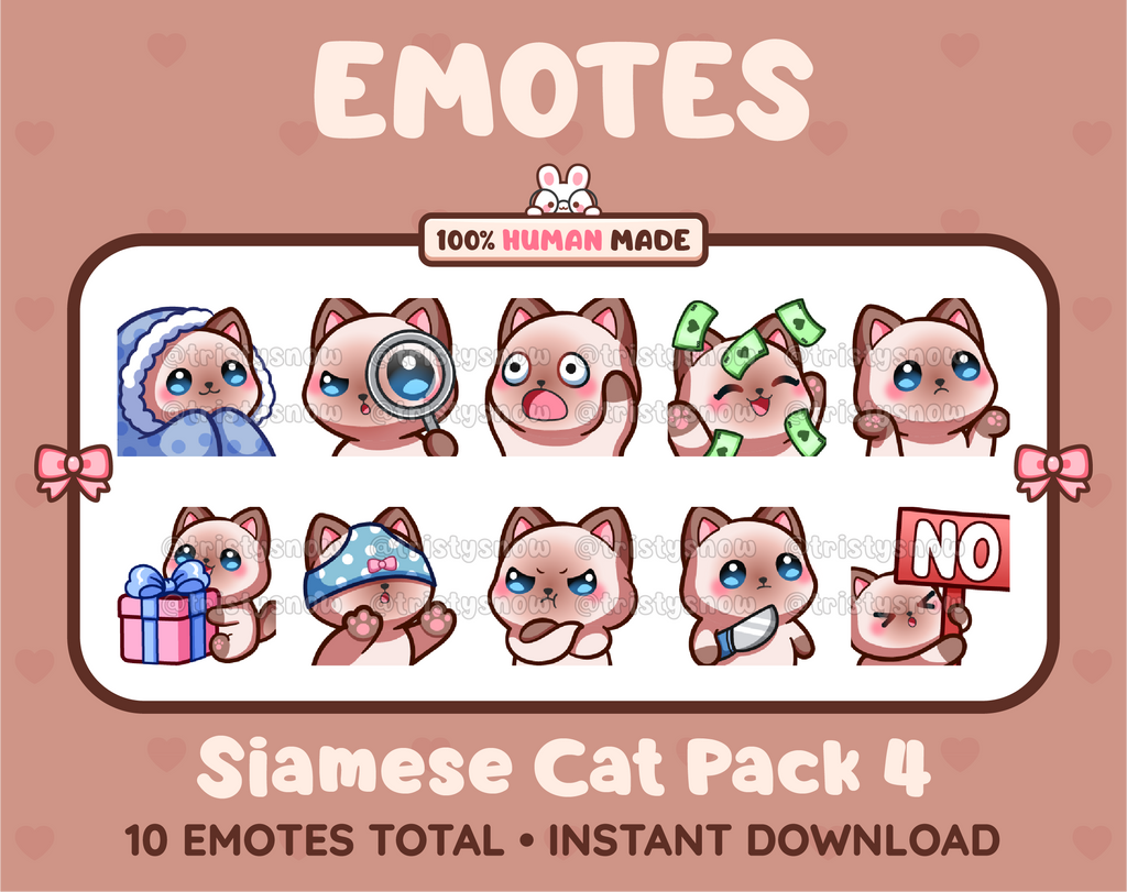 Siamese Cat Twitch emote pack featuring 10 emotes including cozy, sus, panic, and shrug.