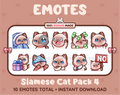 Siamese Cat Twitch emote pack featuring 10 emotes including cozy, sus, panic, and shrug.