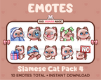 Siamese Cat Twitch emote pack featuring 10 emotes including cozy, sus, panic, and shrug.