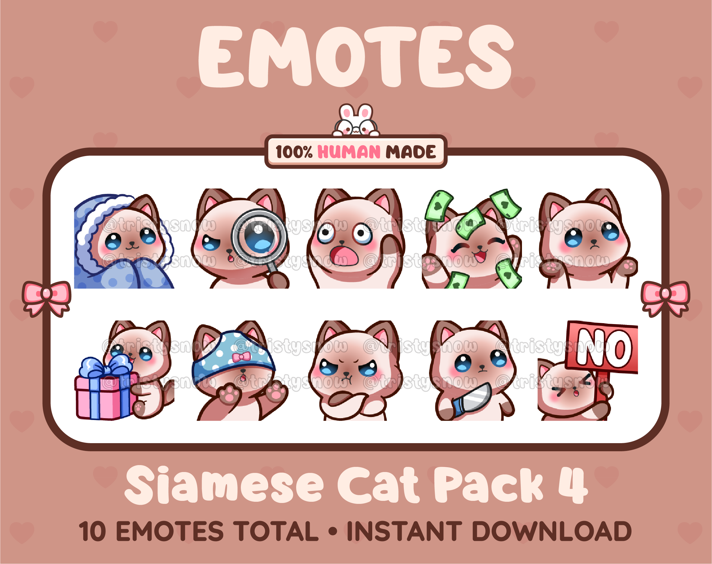 Siamese Cat Twitch emote pack featuring 10 emotes including cozy, sus, panic, and shrug.