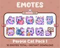 Purple Cat Twitch emote pack featuring 10 emotes including GG, angry, cry, and hype.