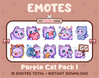 Purple Cat Twitch emote pack featuring 10 emotes including GG, angry, cry, and hype.