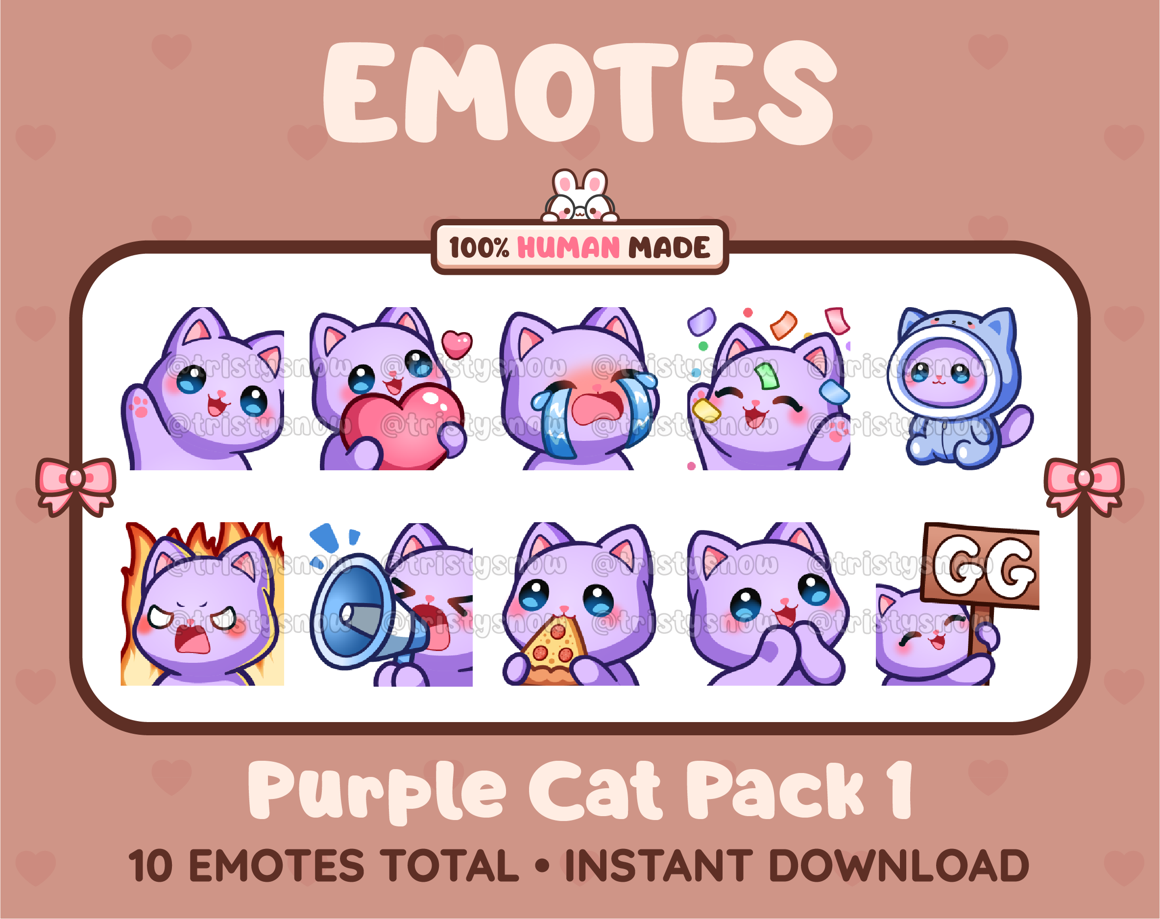 Purple Cat Twitch emote pack featuring 10 emotes including GG, angry, cry, and hype.