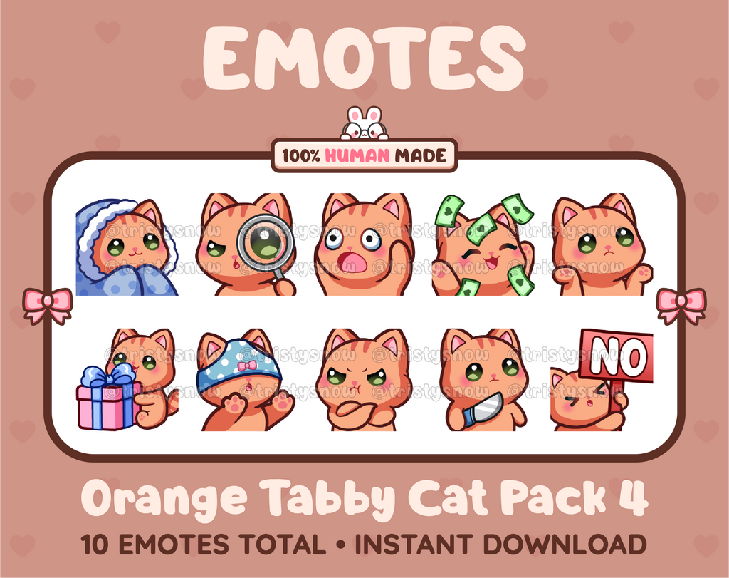 Orange Tabby Cat Twitch emote pack featuring 10 emotes including cozy, sus, panic, and shrug.